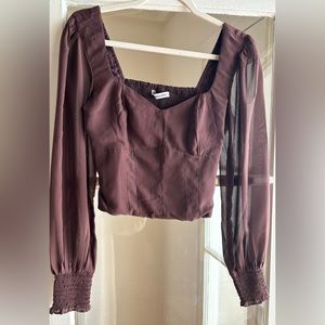 Abercrombie & Fitch brown cropped long sleeve top with mesh sleeves. Size M.